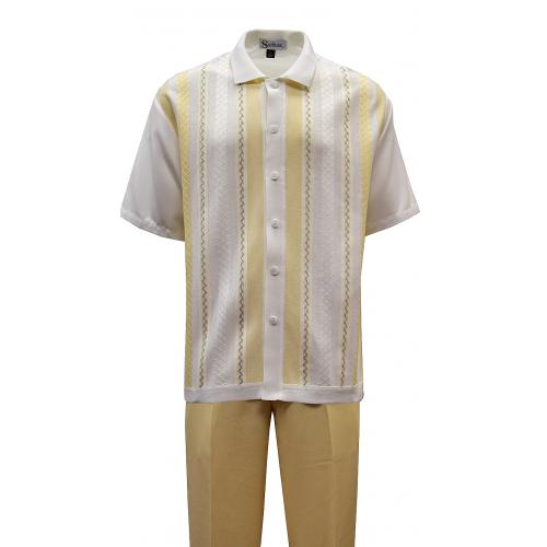 Silversilk Pale Yellow / White Lined Design Cotton Blend Short Sleeve Knitted Outfit 6118